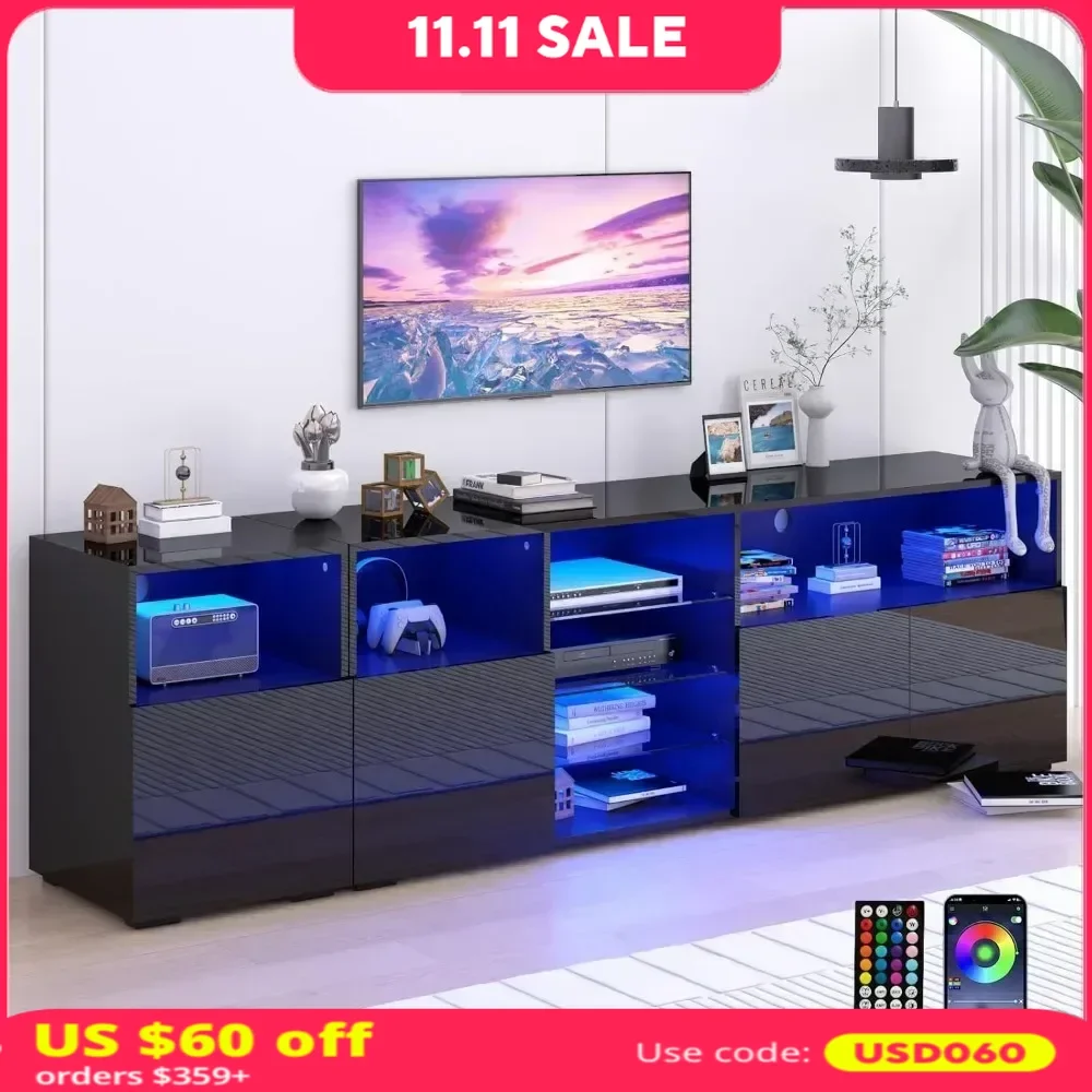 LED TV Stand for 85/75/65 Inch TVs High Glossy Modern Console Entertainment Center with Storage and LED Lights TV Console