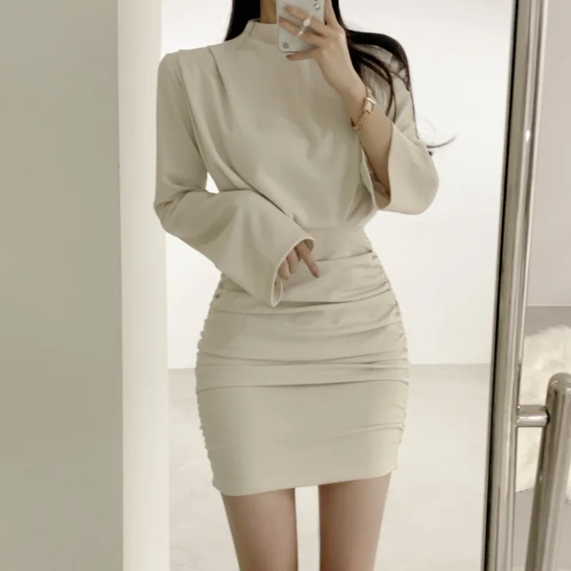 South korea Ins Spring Design Sense  Sexy Temperament Sheath Short dress Slimming Half-high Collar White Dress Women