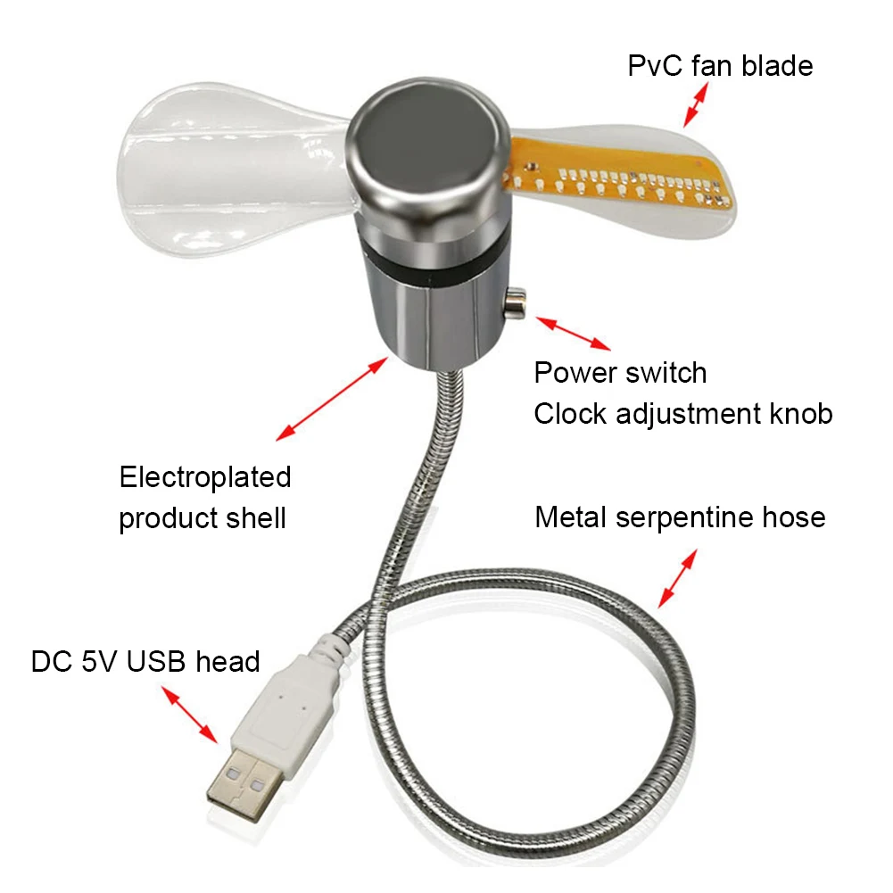 Clock Fans Time Temperature Display LED Clock Fan USB Powered Mini Cooling Flashing Fan Real Time Display for Laptop PC Notebook