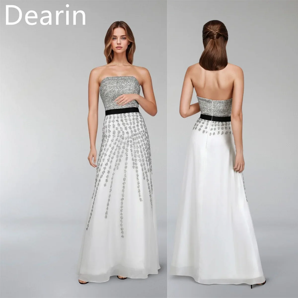 

Formal Dress Prom Evening Gown Dearin Strapless A-line Floor Length Skirts Ribbon Sleeveless Bespoke Occasion Dresses Women