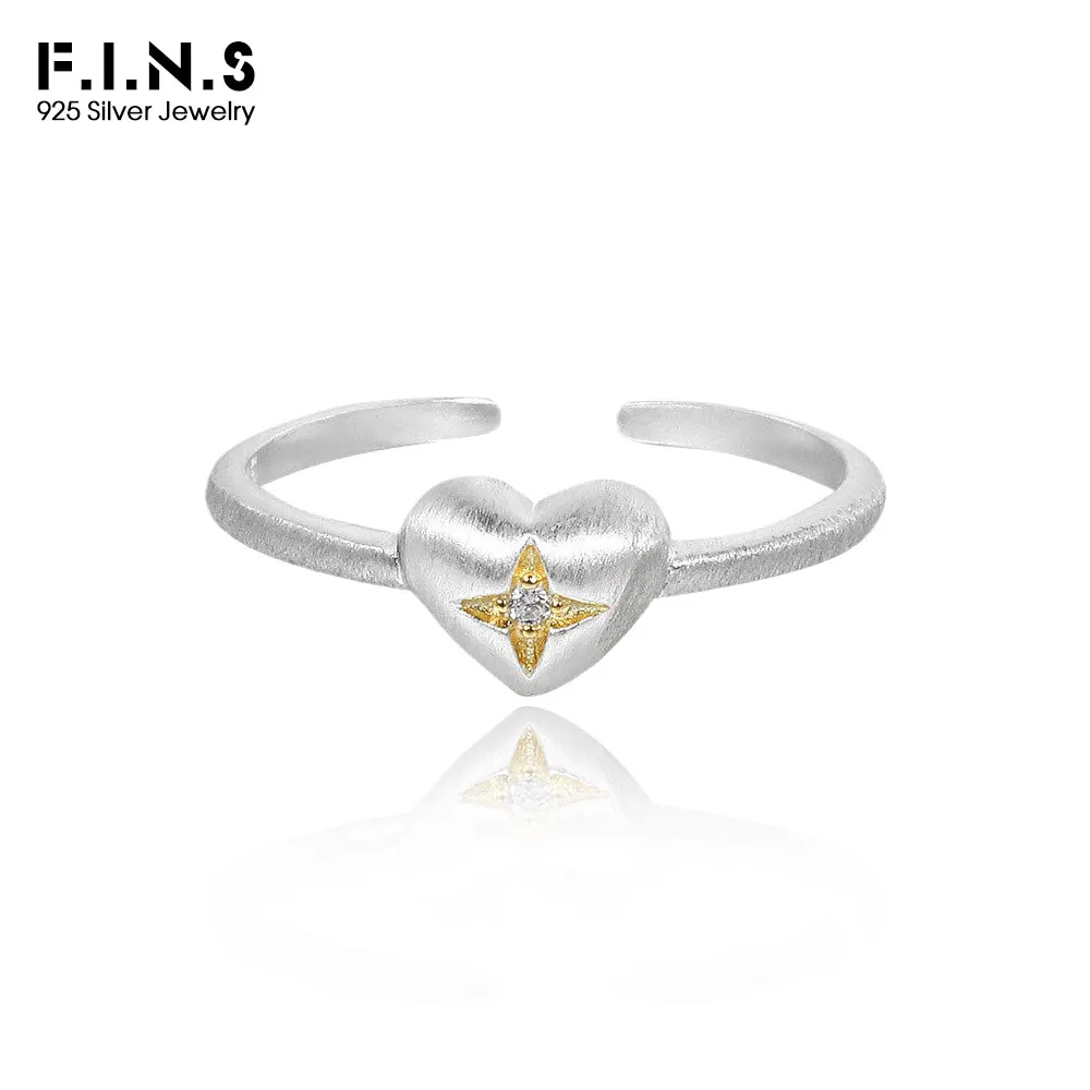 

F.I.N.S Original Brushed Love S925 Sterling Silver Ring Simple Heart-Shaped Open Adjustable Index Mid Finger Fine Jewelry Gifts