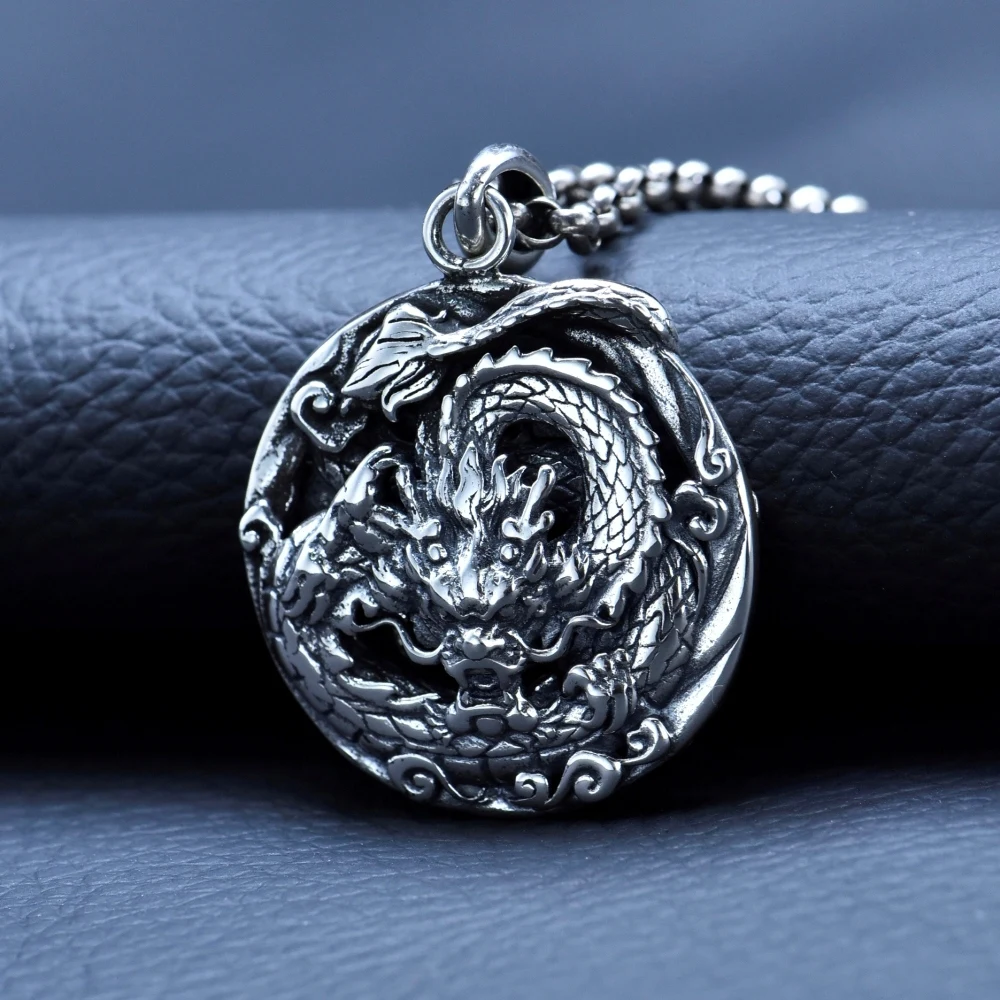 

Real Solid 925 Sterling Silver Men Lucky Retro Carved Zodiac Animal Dragon Round Pendant 19.4g