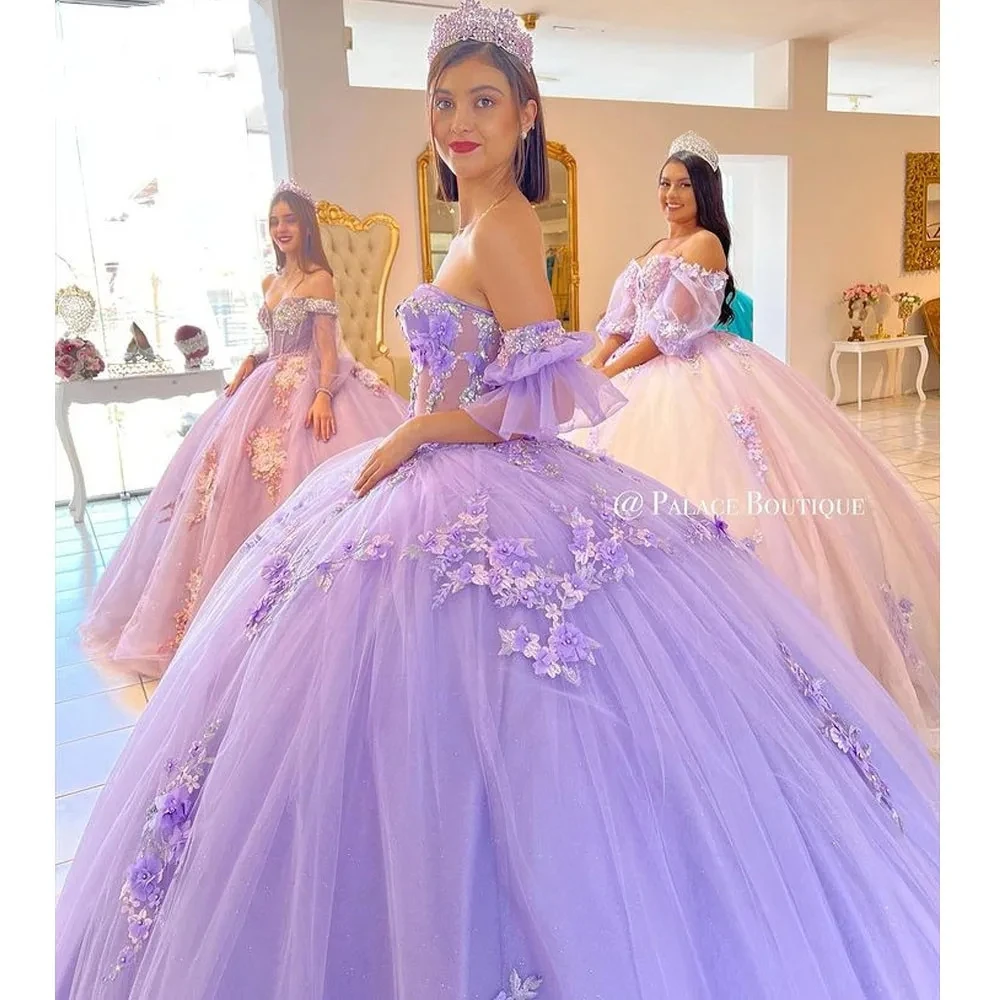 

Lorencia Lilac Quinceanera Dress Ball Gown 3D Flowers Appliques Beaded Detachable Sleeve Sweet 16 Vestidos De 15 Años YQD651