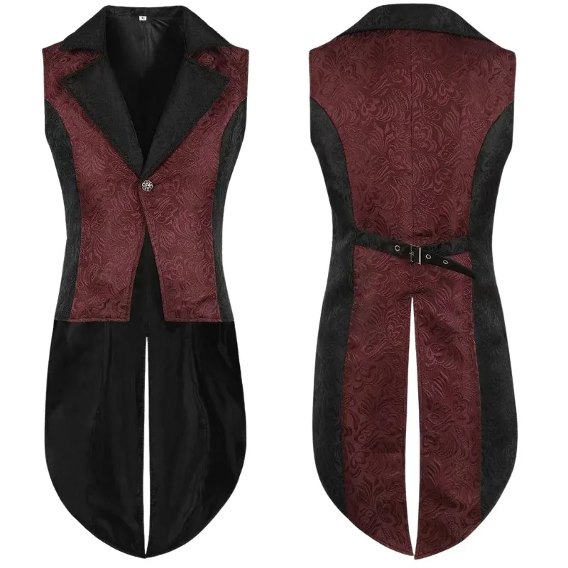 Men Gothic Tailcoat Vest Victorian Steampunk Waistcoat Vintage Sleeveless Jacket Halloween Costume Formal Tuxedo Prom Party
