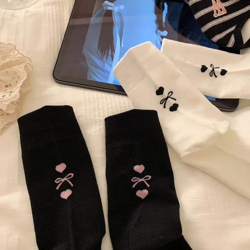 

2 Pairs Ballet Style Cute Bow Love Women's Socks Middle Tube Fall Girls Gift Fashion Harajuku Comfortable Solid Color Warm Socks