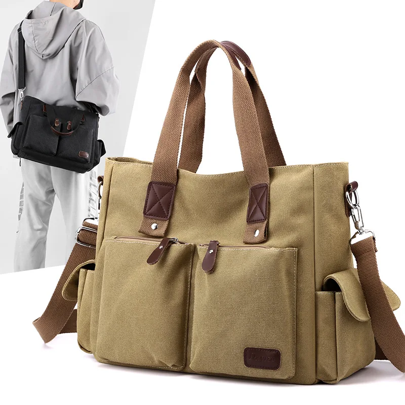 New Men's Casual Commuting Shoulder Bag Large Capacity Portable Briefcase Messenger Bags Solid Color Canvas Crossbody Hand Bag