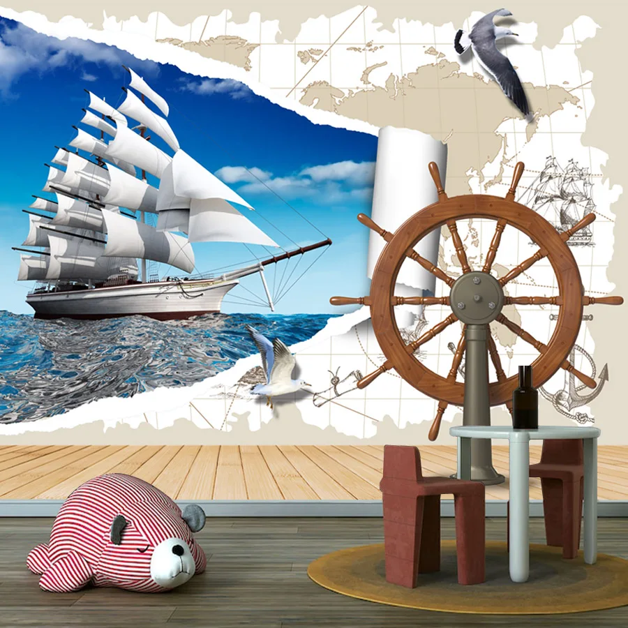 22+ Geography Sailing Boat World Map Walls Home Decor Mural,Self Adhesive Optional,Kids Bed Wallpaper for Living Room Renovation
