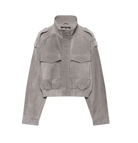 Women's Short Suede Work Jacket with Stand Collar, Shoulder Patchwork, Zip Front Pockets, Epaulette Pockets, Side Ribbed Hem, Casual Short Bomber Jacket, Fall 2026