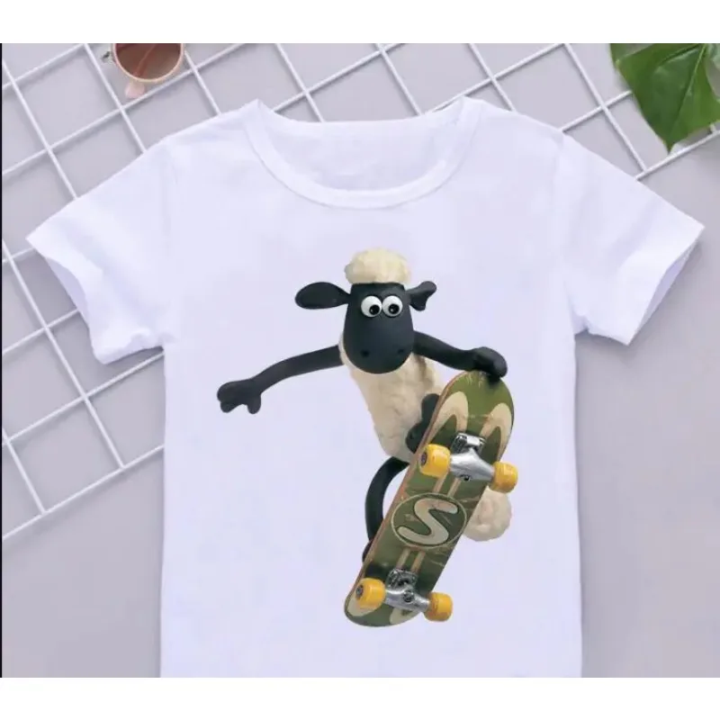 Little Sheep Cartoon Print Toddler T-Shirts, Meninas bonitos T-Shirts, Roupas infantis, Camisa branca, Melhor moda engraçada, Meninos