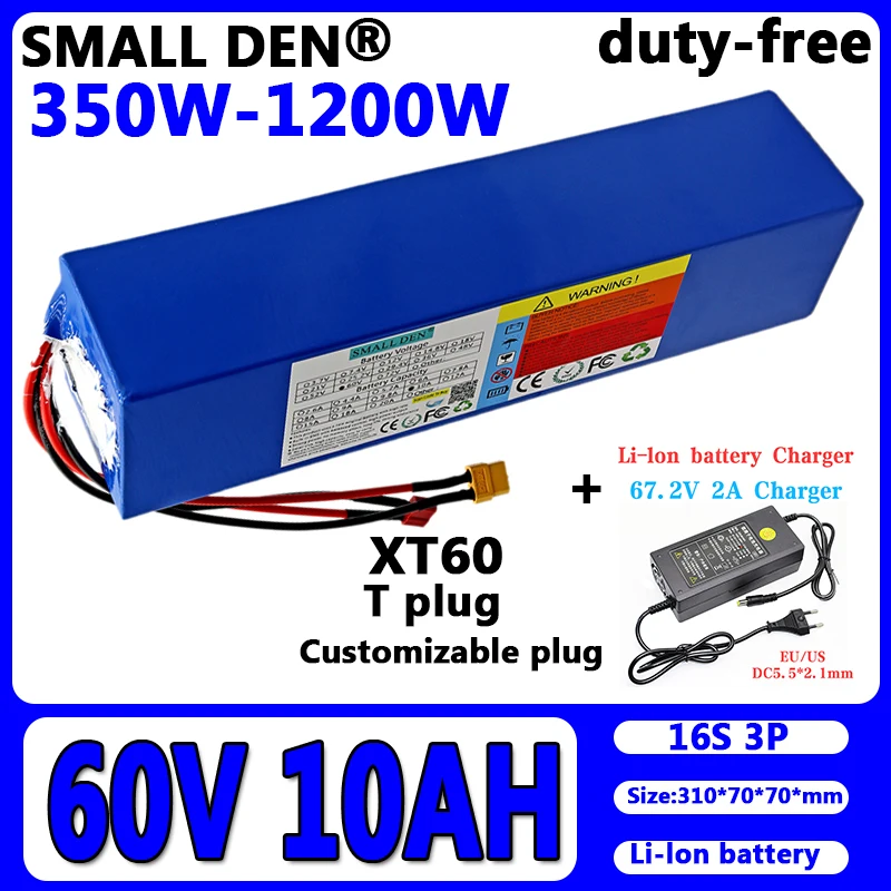 60V 10Ah Li-Ion Battery Pack 16S3P With 20A Balanced BMS for 350W-1200W for Scooter Bicycle Battery Gift 2a charger