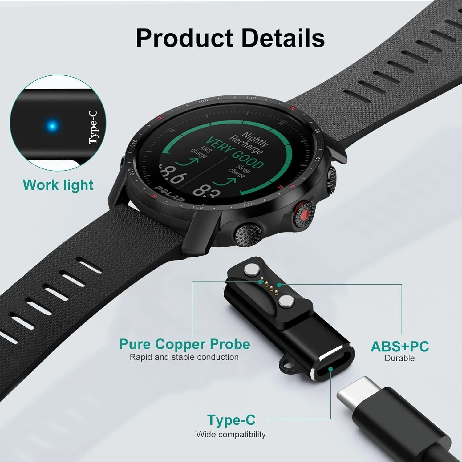 5W USB-C Magnetic Adapter Portable Watch Charger Compatible with Polar Vantage V3/M, Pacer, Ignite 3, Grit X2 Pro