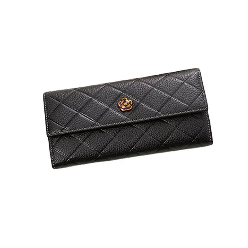 Cartera con capa superior para mujer, bolso de cuero de vaca, informal, largo, Camelia, suave, para tarjetas y teléfono