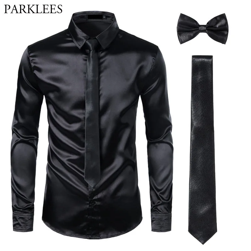 Black Mens Silk Dress Shirts 3Pcs(Shirt +Tie+Bowtie) Smooth Satin Shirt Men Slim Fit Party Prom Casual Shirts Men Social Camisa