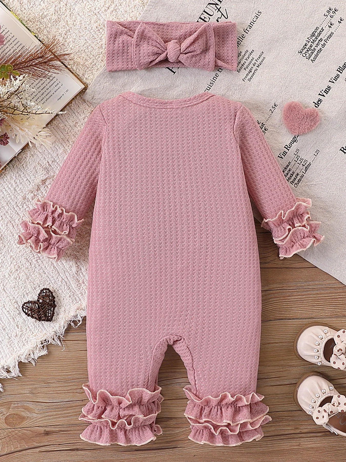 Newborn Baby Girl Waffle Knit Ruffle Romper Set – “Hello I’M New Here” Embroidered Letters, Multi-Layered Sleeves and Ruffles on the Feet, Snap Crotch Closure, Soft Hospital Discharge/Daily Sweet Romper + Matching Color Bow Headband