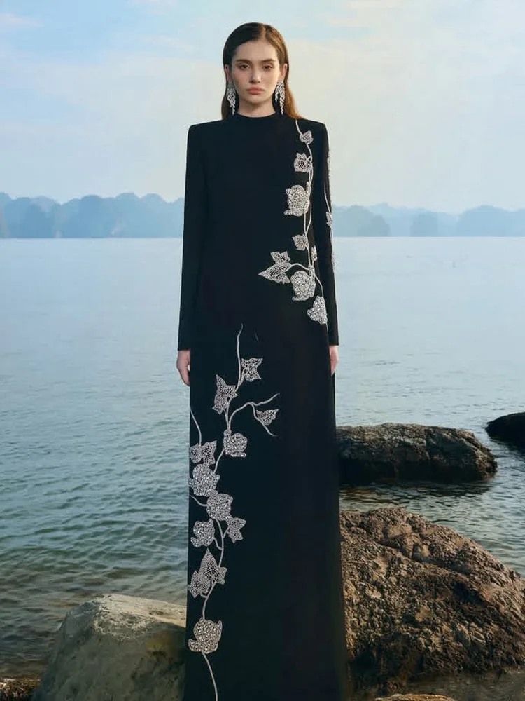 

Ele Long Sve Bodycon Evening Dr with Rhinestones And Wrap Skirt Design for Ladies Par And Wedding Events