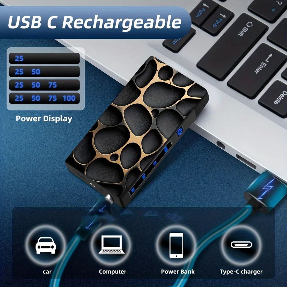 1pc of Windproof Arc Lighter with Unique Geometric Texture Pattern, Windproof Lighter, Windproof Arc Lighter, Type-C Charging Lighter, Metal Shell, Power Display, Dual Arc, Gift Box Packaging, with Power-Off Program, Outdoor Survival Supplies