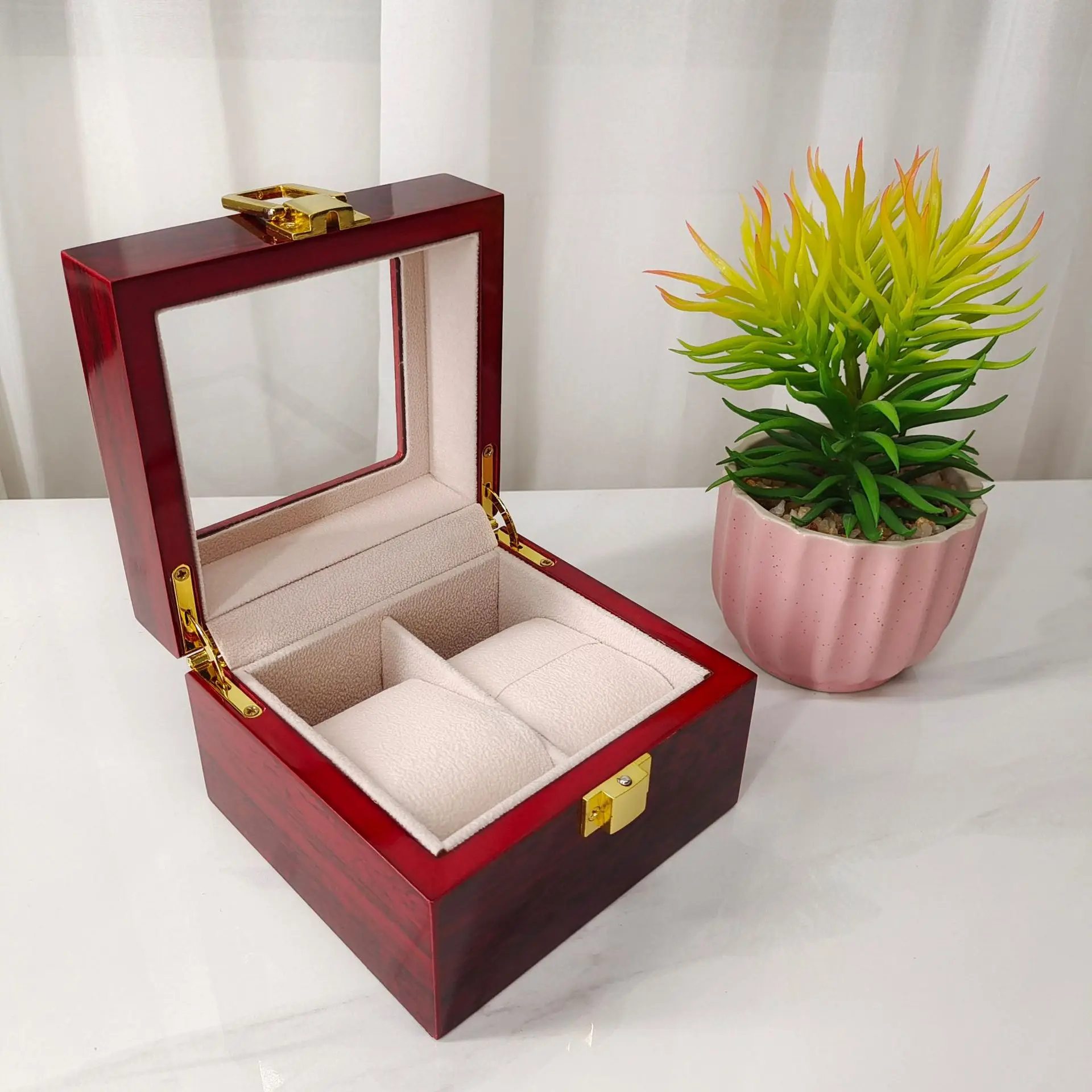 Изысканная деревянная шкатулка для часов с 2 слотами, шкатулка для драгоценностей в китайском стиле, шкатулка для часов, раскладушка, шкатулка для драгоценностей, красная высококачественная деревянная шкатулка с мармеладом