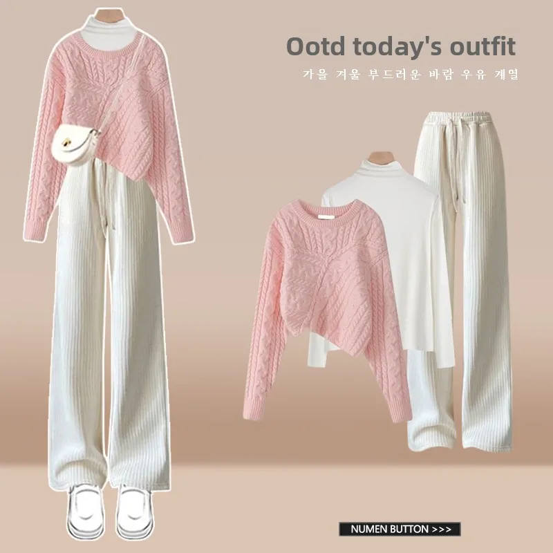 

Women's Knitted Sweater Set Casual Bottoms Three-piece Set College Style Autumn Wear Small Size Fashion Ensemble