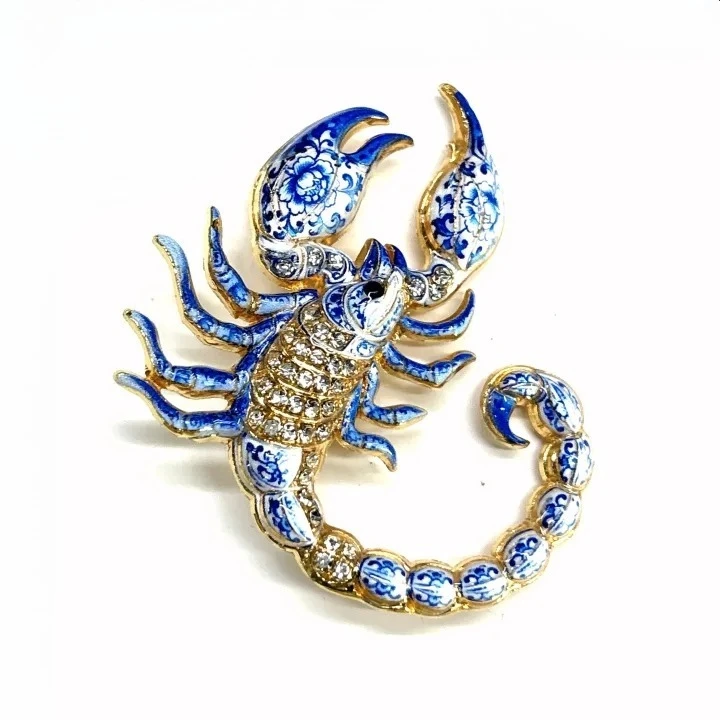 Blue and White Porcelain Scorpion Brooch Enamel Crystal Rhinestone Lapel Pin Vintage Metal Jewelry Gift