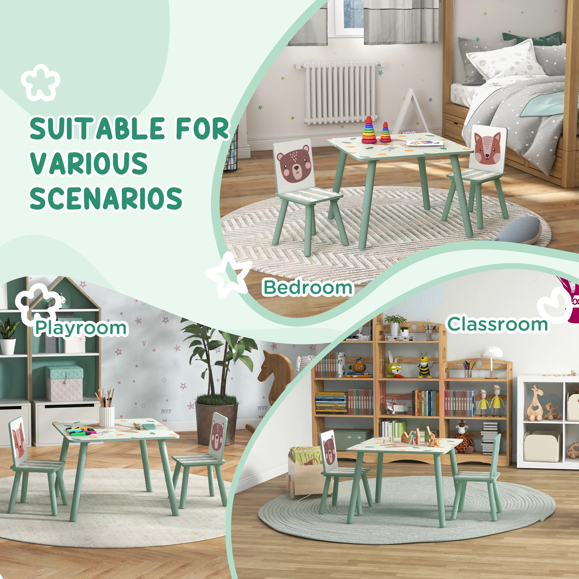 ZONEKIZ Kids Table and Chair Set with 2 Chairs, 3 Piece Toddler Activity Furniture Set for Bedroom, Nursery, Playroom
