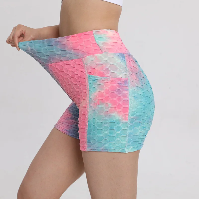 Women's High-Waisted Tie-Dye Bubble Jacquard Yoga Shorts - Butt-Lifting Fitness Workout Shorts with Pockets, Euro-American Style