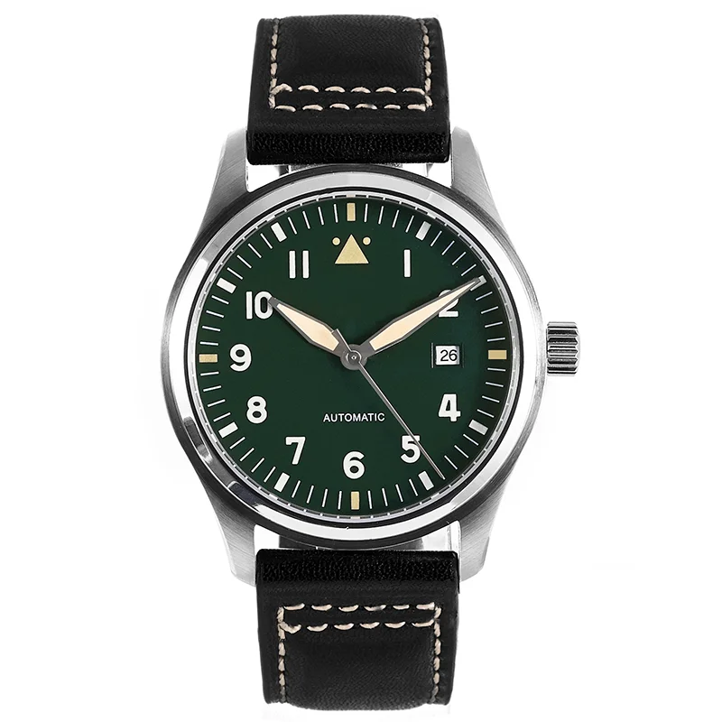 Phylida 42mm mostrador verde spitfire piloto relógio 5atm japão miyota automático cúpula cristal de safira lumed pulseira de couro genuíno