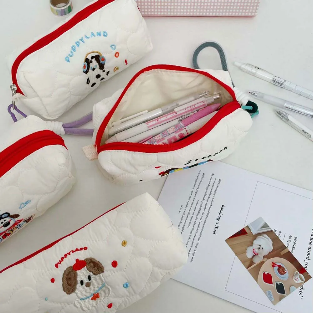 Mooie geborduurde hond puppy briefpapier tas desktop opslag met hanger touw Koreaanse stijl etui esthetische ins stijl