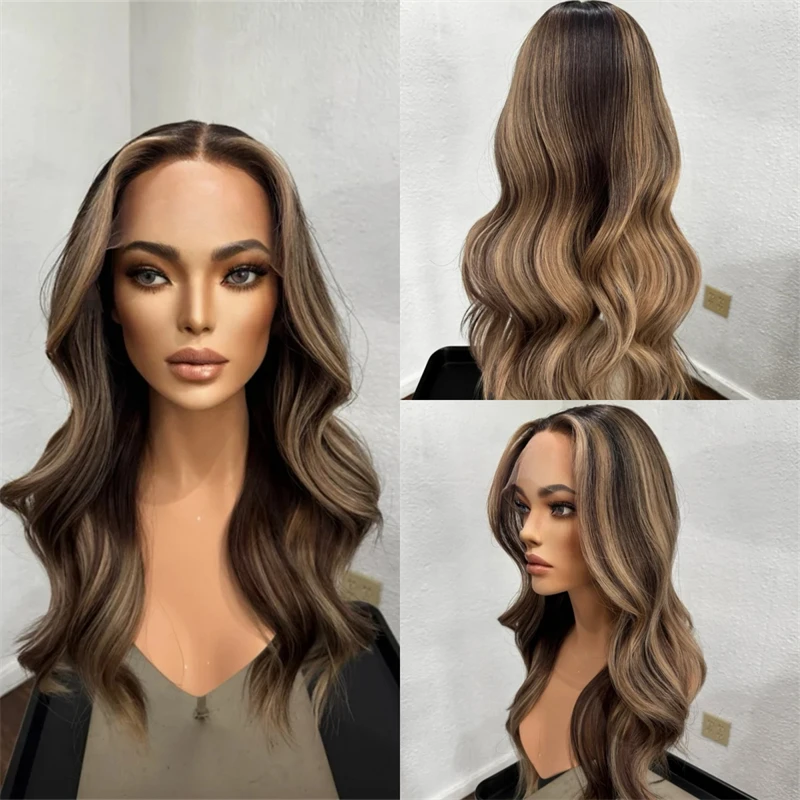 

Средняя часть Ombre Каштаново-коричневый HD Невидимый синтетический парик спереди Длинный парик с объемной волной Предварительно выщипанная линия волос с волосами ребенка