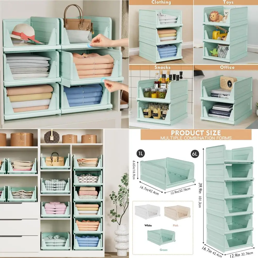 6 Pack Stackable Closet Storage Basket - Stackable Storage Bins, Multifunctional & Foldable Closet Organizer, Wardrobe Cupboard