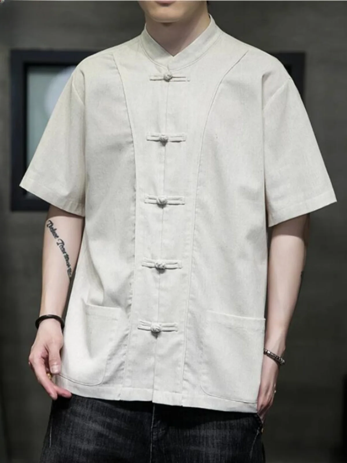 

Мужской летний дышащий костюм в стиле тан (ретро), с льняными пуговицами, повседневный, для чаепитий, модный