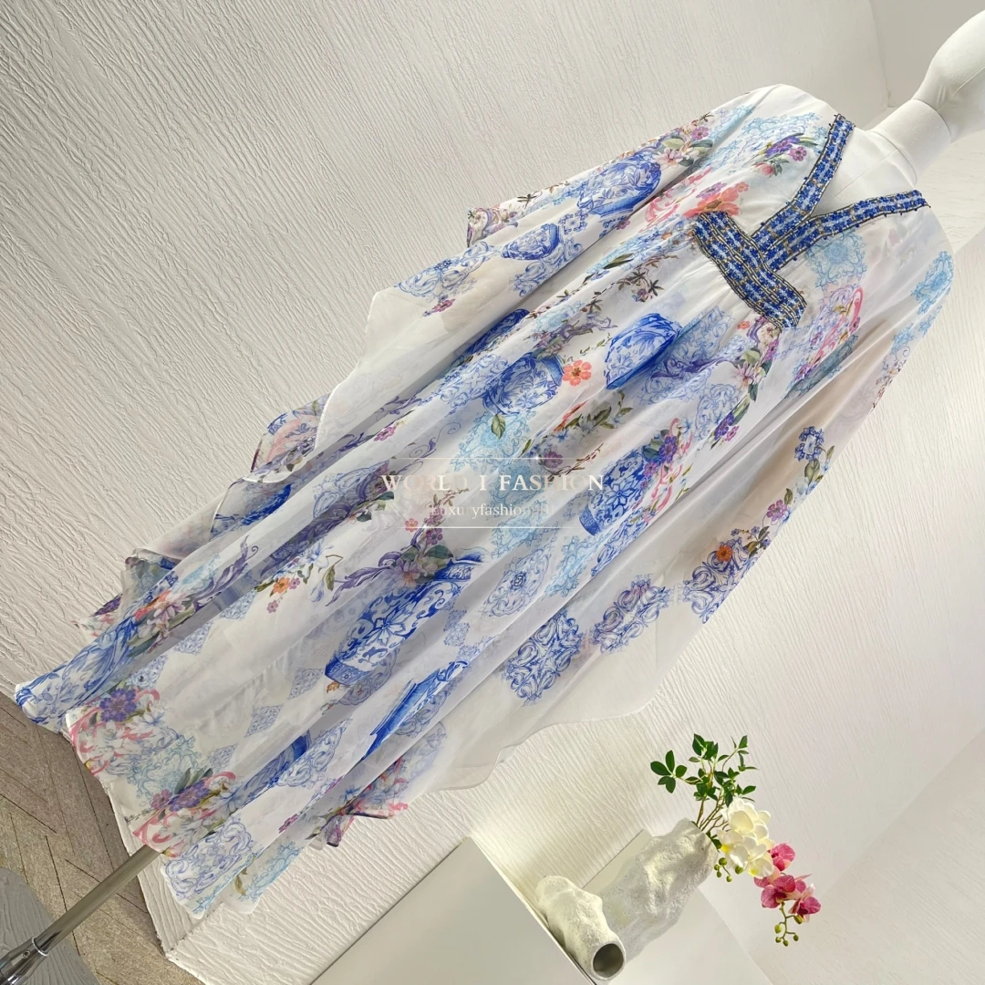 

Blue Floral Print Long Sleeve Deep V Neck Maxi Dress 2025 New Design