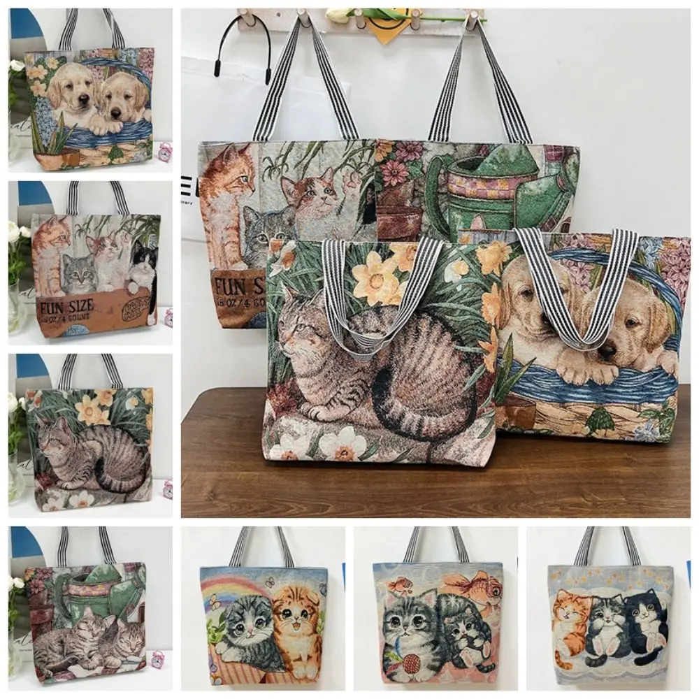 Bolsa de ombro bordada animal Bolsa estilo étnico Sacos de lona de cão casual Grande capacidade Saco de pano de gato bonito Saco de viagem