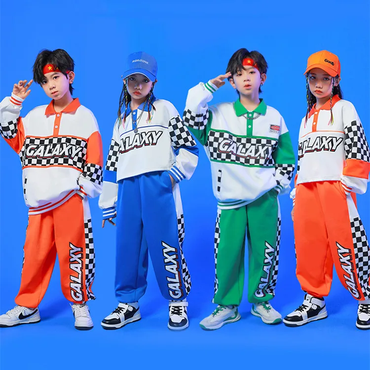 Boys Hip Hop Contrast Polo Shirt Plaid Pants Girls Solid Crop Top Skirts Jogger Child Street Dance Clothes Set Kids Jazz Costume