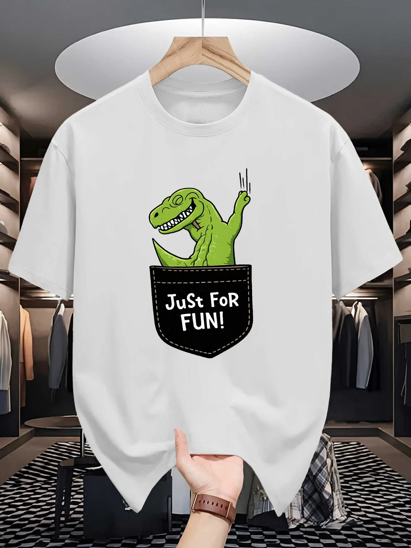 Humorous Pocket Dinosaur Cartoon Print Mens Crew Neck T Shirt Just For Fun Letter Graphic Short Sleeve Casual Cotton Summer Tees