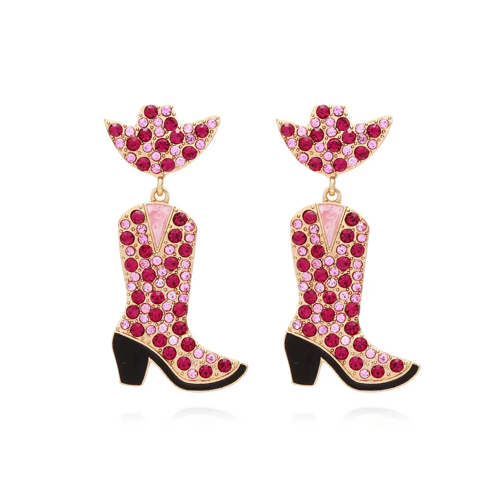 Modern Diamond Western Cowboy Hat Boots Earrings Fashion Temperament Full Diamond Earrings