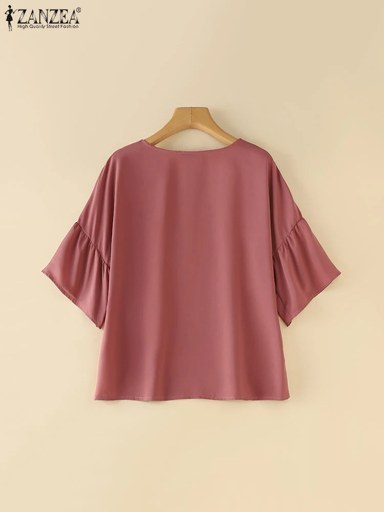 ZANZEA Casual Solid Color Blouse Holiday Ruffled Half Sleeve Tops 2024 Summer O-neck Tunics Korean Fashion Basic Blouse Femme