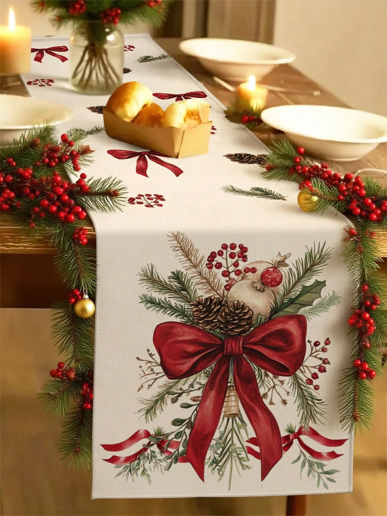 Christmas Themed Table Runner With Bow Pine Cone Holly Berries Print For Festive Dining Table Decor High Quality Elegant Holiday