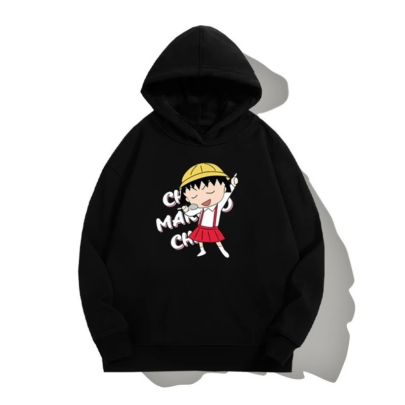 

Осенне-зимний милый топ с длинными рукавами и принтом Chibi Maruko-chan для девочек, детский уличный повседневный теплый флисовый свитшот с капюшоном