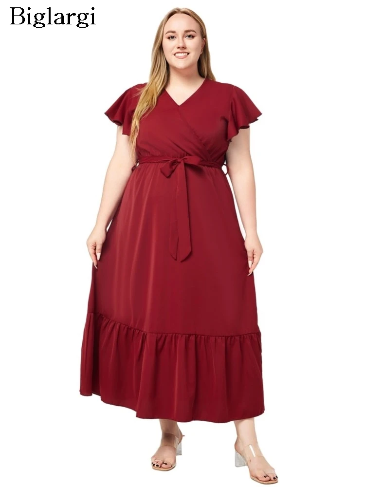 

Plus Size Summer Red Long Ruffle Dress Women V-Neck Fashion Elegant Ladies Dresses Short Sleeve Loose Pleated Woman Dress