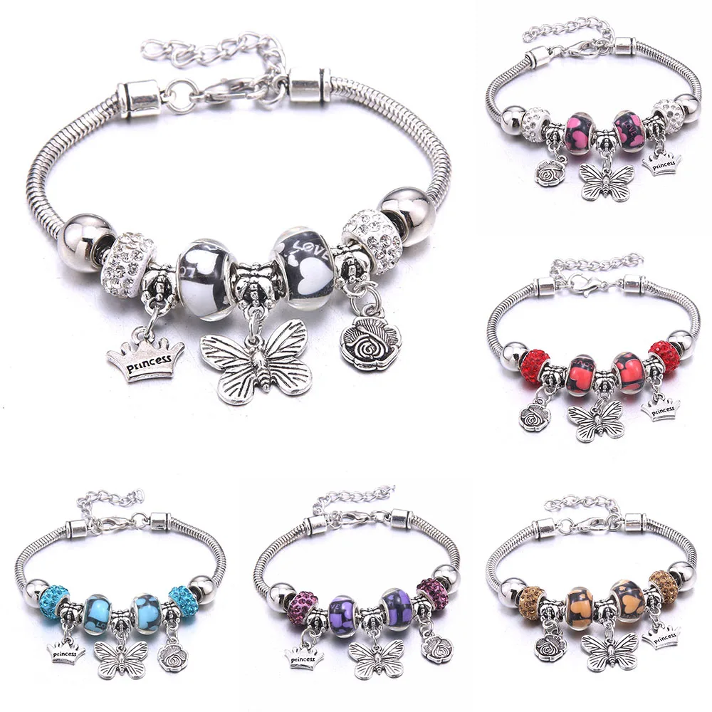 2025 nueva pulsera y brazaletes con dijes, joyería, pulseras de cuentas de corona de mariposa blanca, pulseras de marcas, regalo para mujeres y niñas