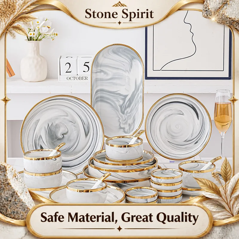 Golden Edged Gray Marble Textured Tableware Set, Ceramic Soup Bowl, Fish Plate, Household Rice Bowl, Restaurant Dessert Plate