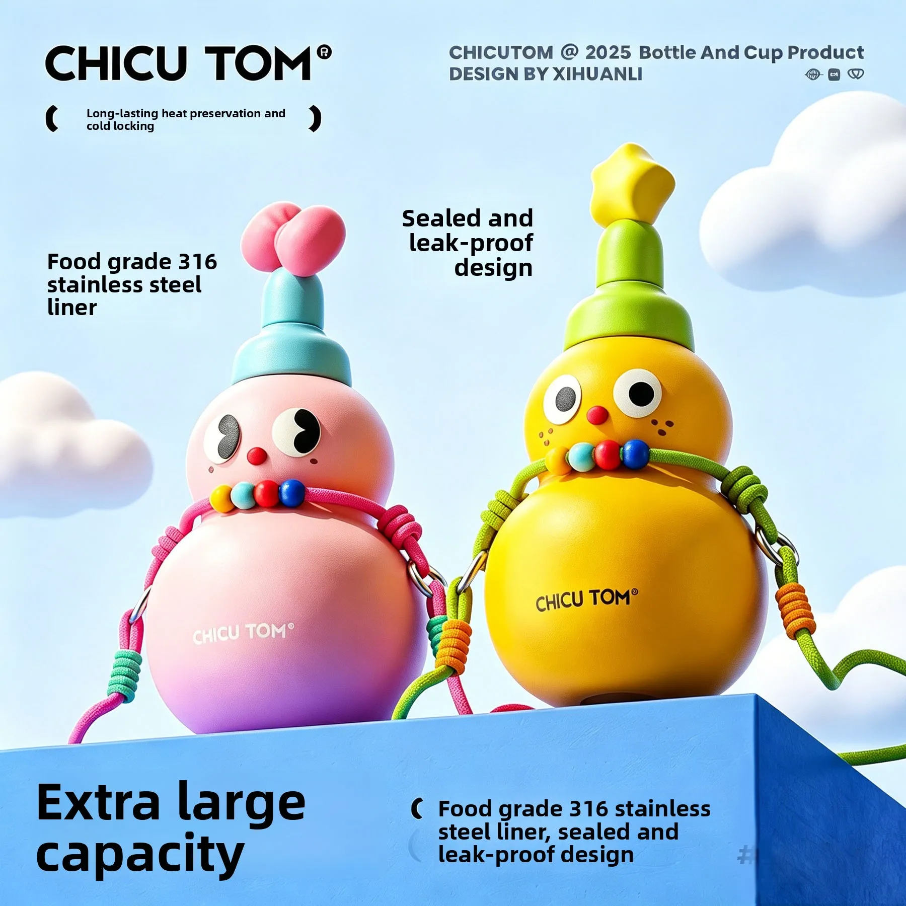 High Appearance Gourd Insulated Cups,Large Capacity Shoulder Strap Water Kettle,Cute Straw Cup for Students, 316 Stainless Steel
