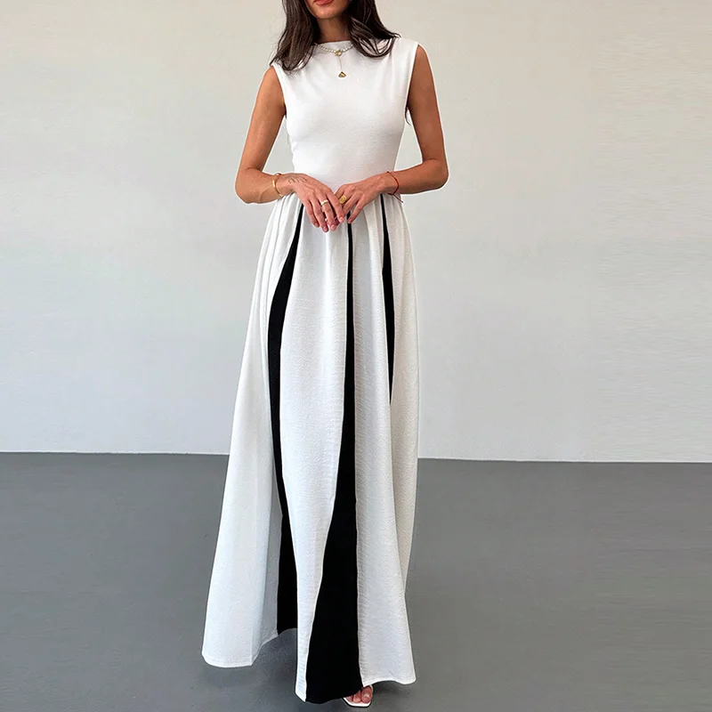 

Fashion Slim Contrast Color Evening Dress Elegant Women Banquet Sleeveless High Waisted Dress Casual O Neck Patchwork Long Dress