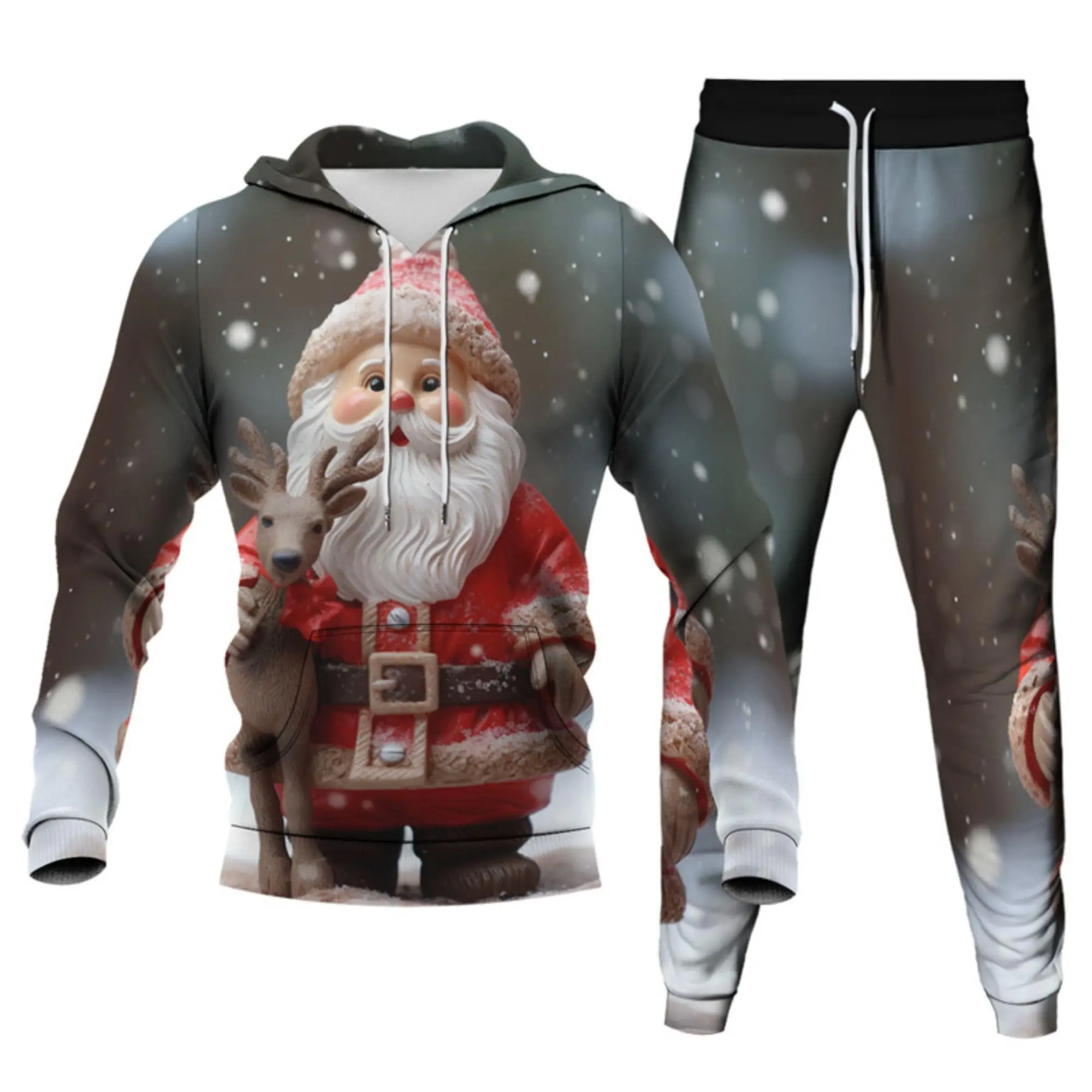 Unisex 3D Christmas Deer Print Hoodies & Sweatshirts Pants Sets Adult Two Pieces Tracksuit Men\'s Xmas Joggers Sport Hoodies Suit