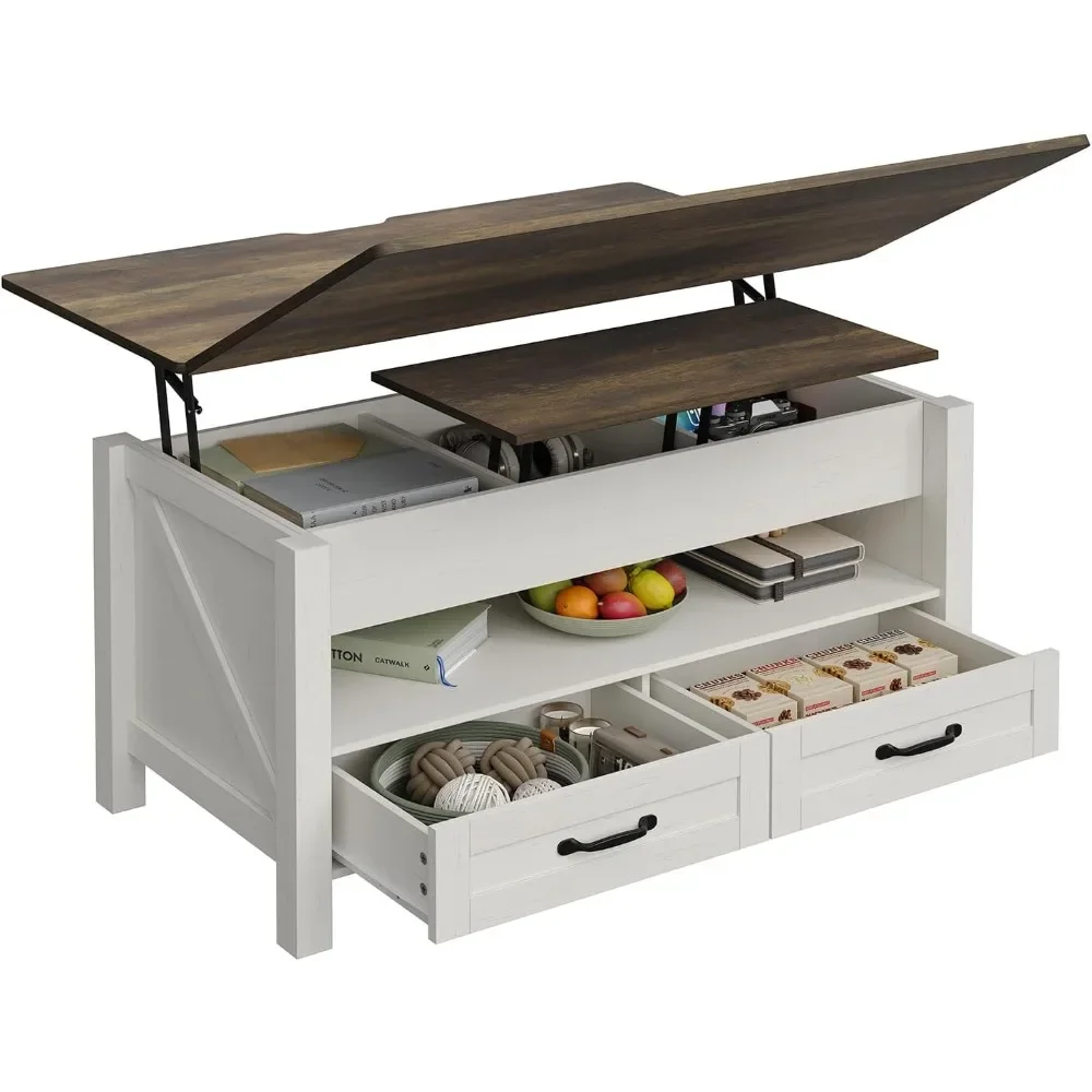 Retro Multi-Function Lift Top Coffee Table, 2 gavetas do armazenamento e prateleira aberta do armazenamento