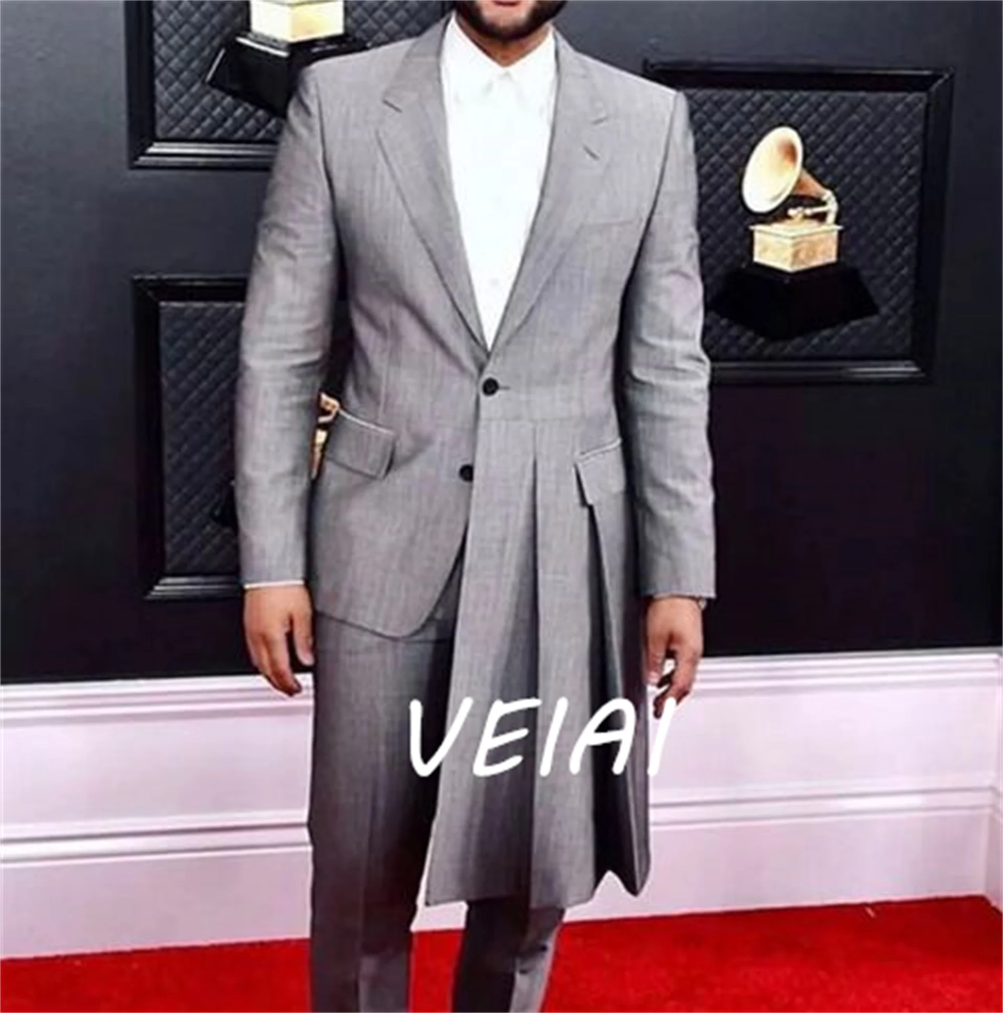 تخصيص رمادي طويل الرجال الدعاوى للمساء حفلة موسيقية سليم صالح الزفاف العريس سهرة محززة التلبيب 2 قطعة الذكور الأزياء زي سترة ث #6