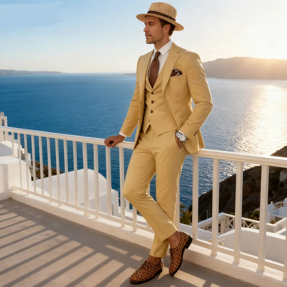 

Solid Slim Fit Men's Tuxedo 3 Piece Set - Notch Lapel Blazer Pants Vest Smart Casual Wedding Groom Business Suit