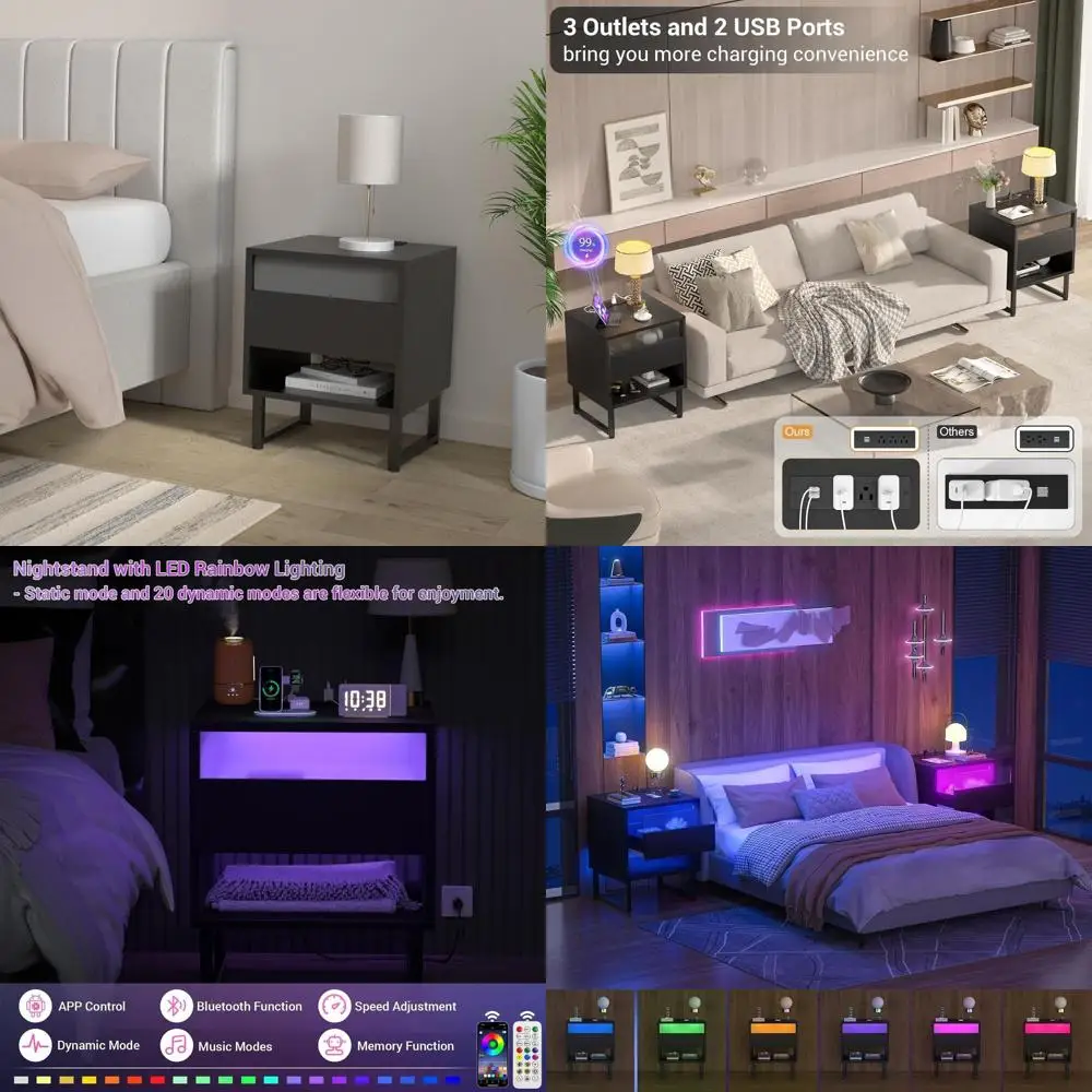 

Современная тумбочка со светодиодной подсветкой, зарядкой, ящиком и полкой для спальни или общежития, 18,89x15,74x21,25