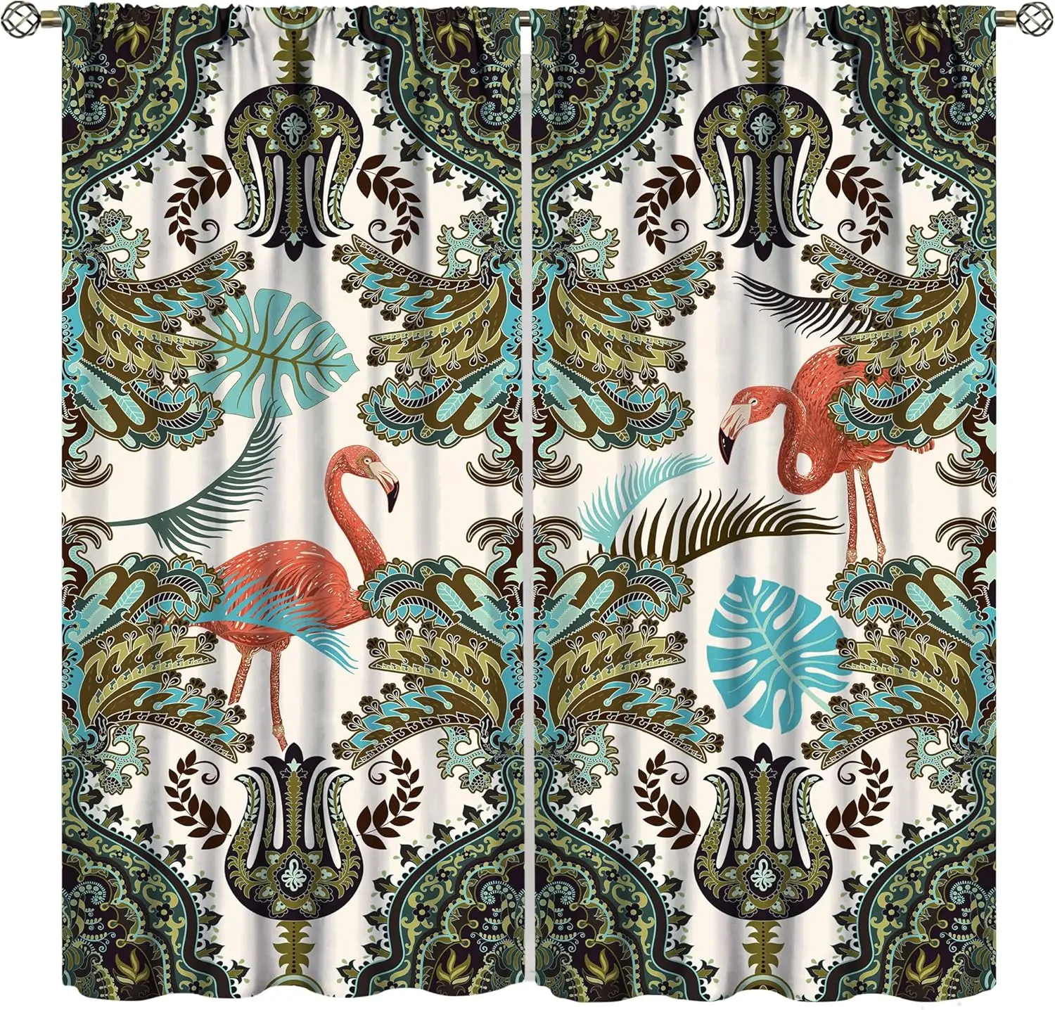 

Bohemian Flamingo Curtains, Boho Vintage Ethnic Tropical Birds Design Blackout Window Treatment Beautiful Room Décor & Easy Set