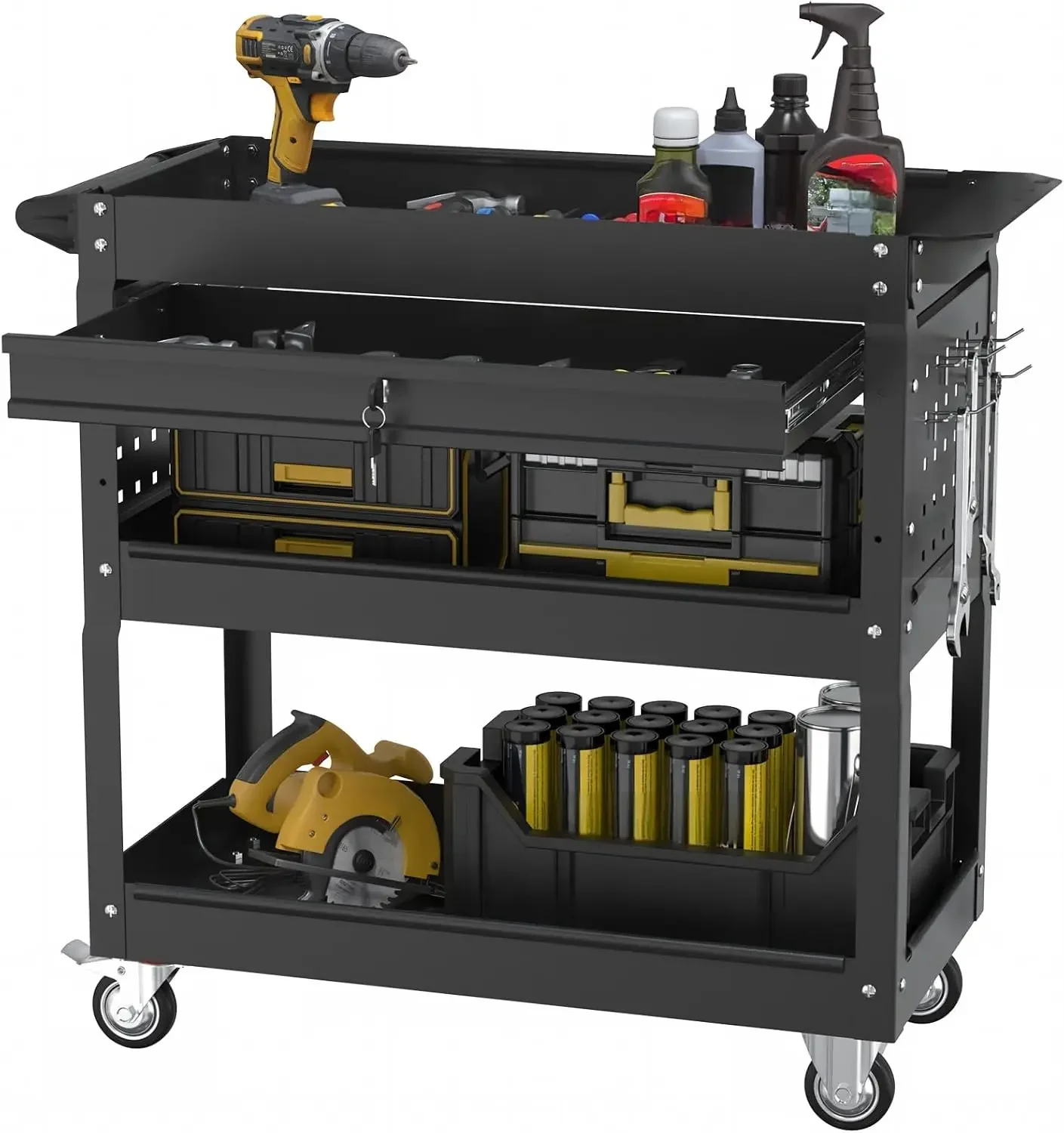 3 Tier Rolling Cart, Heavy Duty Utility Industrial Service Carts on Wheels, Metal Tool Cart with Locked Drawers, Ideal